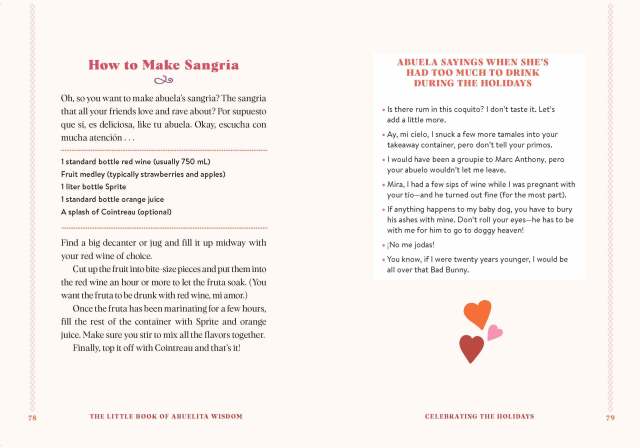 Interior spread from “The Little Book of Abuelita Wisdom” showing a recipe for sangria and a sidebar titled “Abuela Sayings When She’s Had Too Much to Drink During the Holidays”
